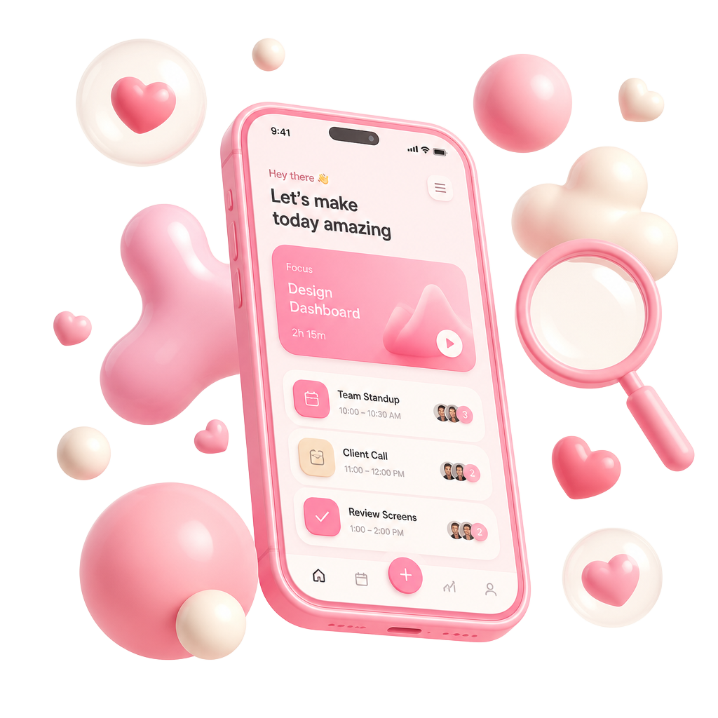 Illustration of a pink phone surrounded by bubbles and a magnifying glass